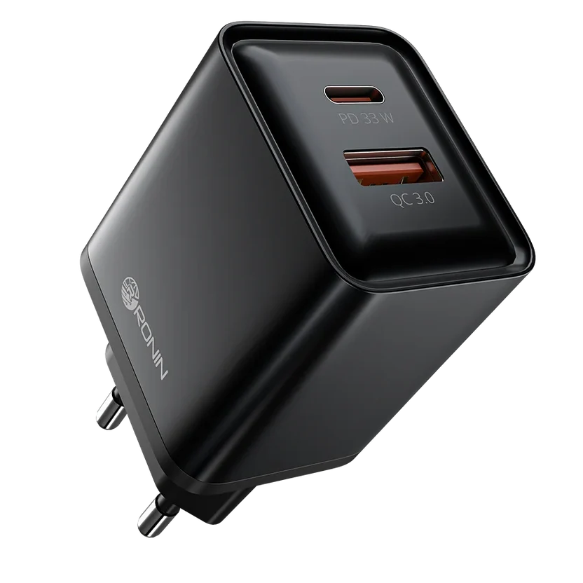 A black Promiv dual-port USB charger with a square-shaped plug, featuring one USB-C port labeled 'PD 33W' and one USB-A port labeled 'QC 3.0'.