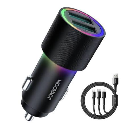 Joyroom 3-in-1 Dual-port Car Charger, 4.8A, Black - JR-CL10